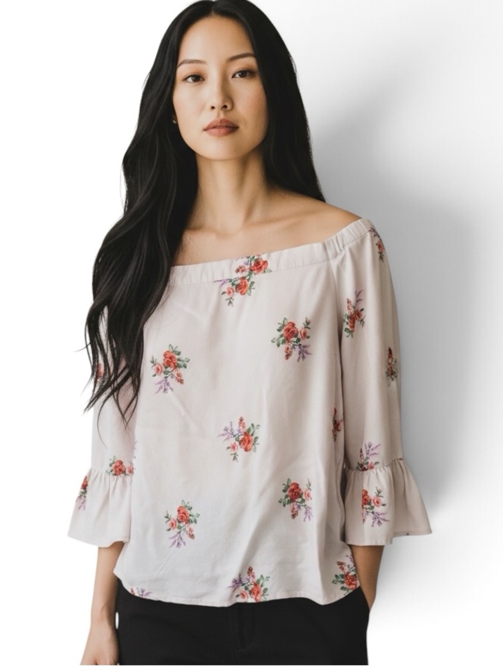 Forever 21 Off Shoulder Ruffle Sleeve Floral Blouse Romantic Boho Size Large